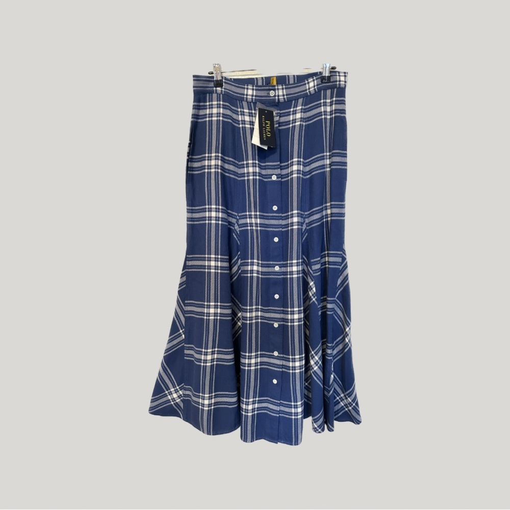 Polo Ralph Lauren blue and white plaid long button down skirt